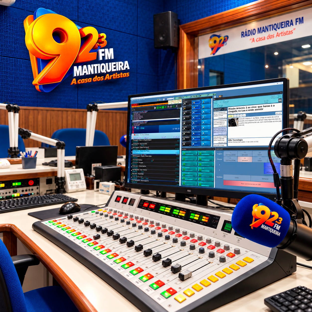 Estúdio da Rádio Mantiqueira FM com mesa de som e microfone